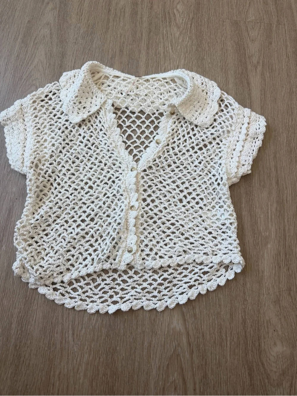 FREE PEOPLE Lilly Crochet Short-Sleeve Button Front Top in coconut milk size S